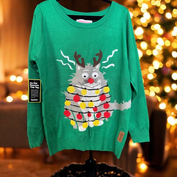 Tipsy Elves Sweater Womens Small Green Electrocuted Cat Ugly Christmas Crewneck - Picture 1 of 10
